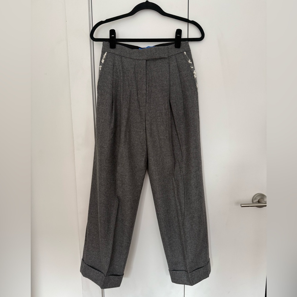 NACKIYE Grey Wool Trouser Pants with Lace Detailing